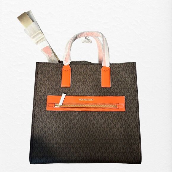 Michael Kors Brown with Orange Trim Kenly Large Logo Tote Bag New with Tags - Picture 1 of 5
